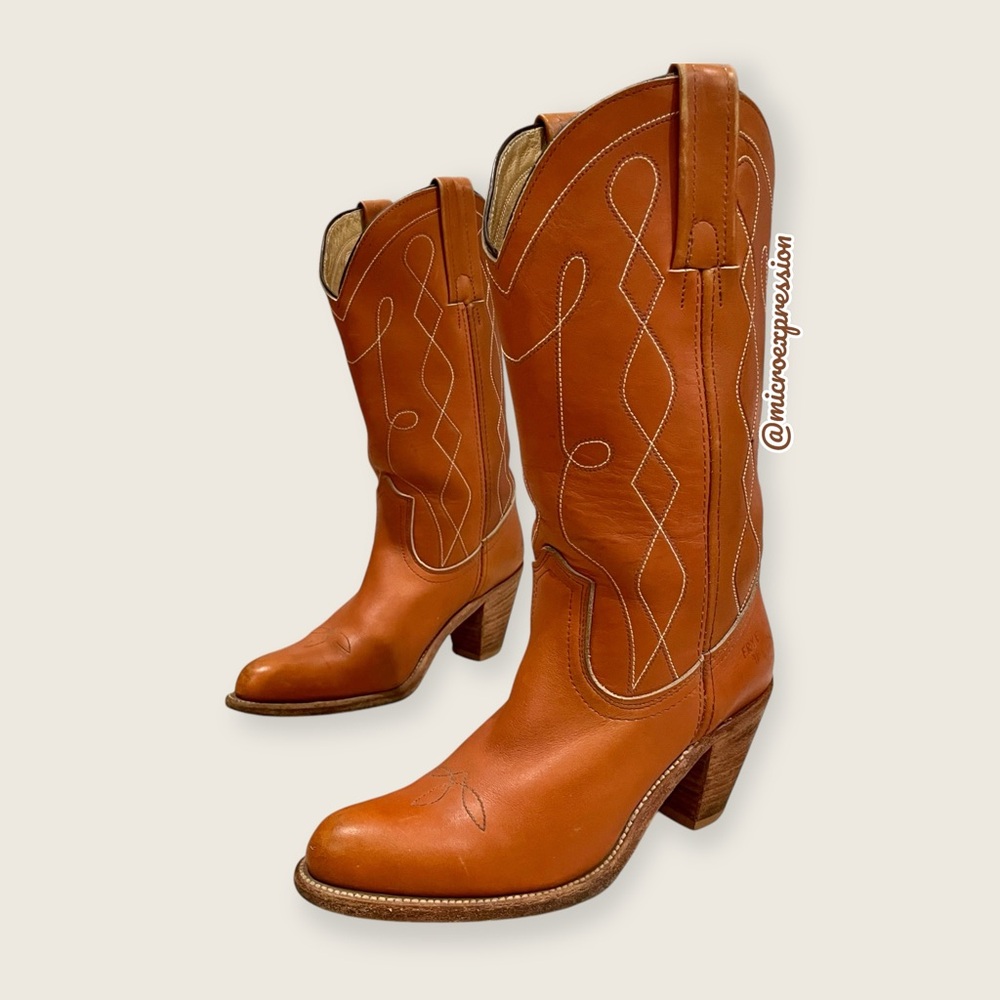 1980 VINTAGE Frye Swirl Stitch Embroidered Cognac Tan Brown Leather Cowboy Boot - Picture 10 of 11